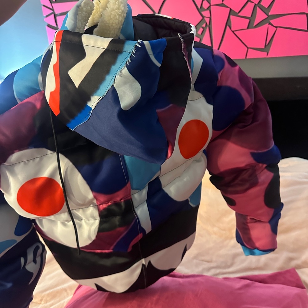 CUSTOM Multicolor Camo Puffer Jacket w/ Hood & Sherpa Neck Trim